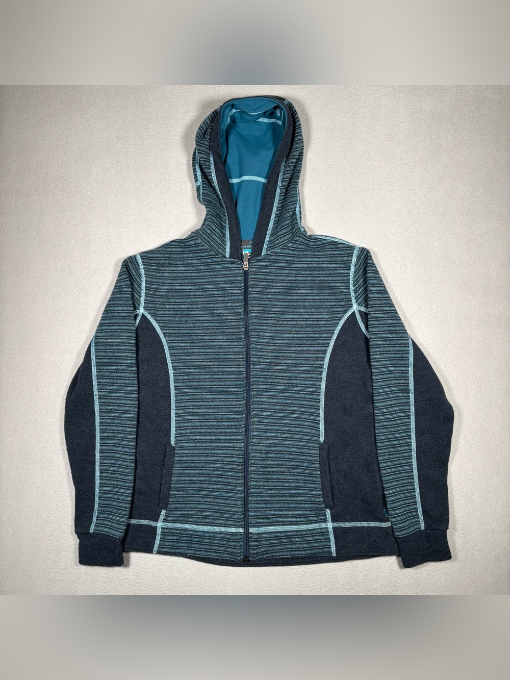 Kuhl Chianti Fleece Hooded Full Zip Sweater Women’s Large Blue Gray Wool Blend